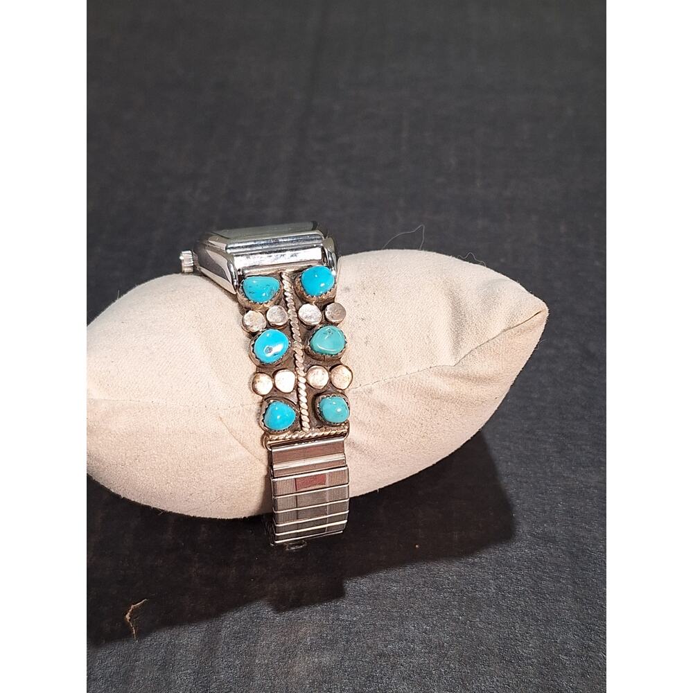 Sterling Silver Turquoise Watch Cuff w/ Geneva Quartz Watch Southwestern Runs! - Picture 3 of 11